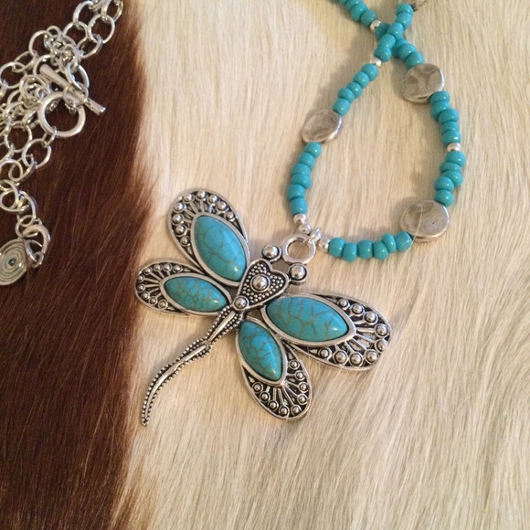 ldmtreasures Jewelry - Turquoise Dragonfly Necklace. Long Turquoise Butterfly One of a Kind Jewelry.